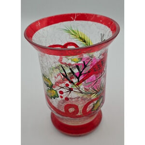 Christmas Holly/Bird Hurricane Candle Holder - Glass, Hand Painted